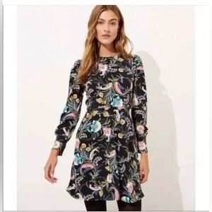 LOFT LONG SLEEVE BLACK AND YELLOW BRIGHT FLORAL DRESS SIZE 0 TALL NWT